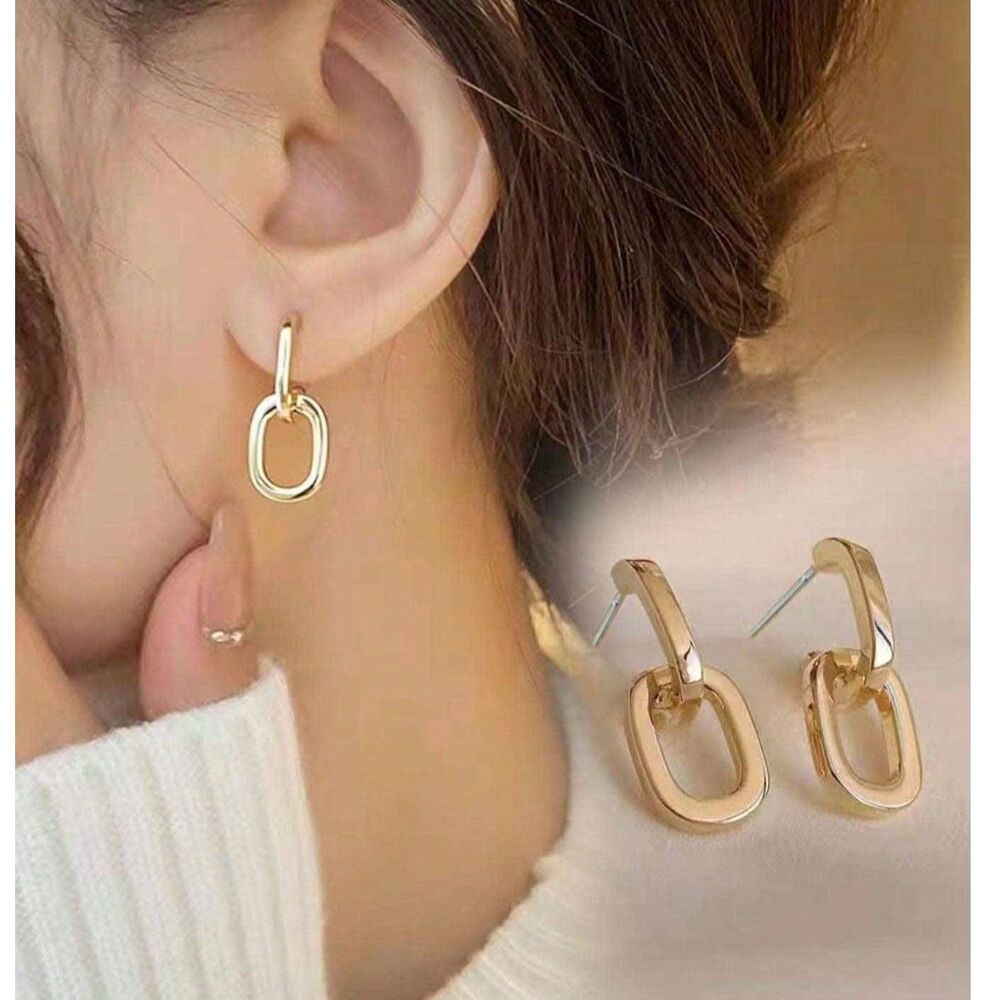 Gold Oval Open Link Drop Earrings Dangle Pendant Chunky Post Back Modern Trendy